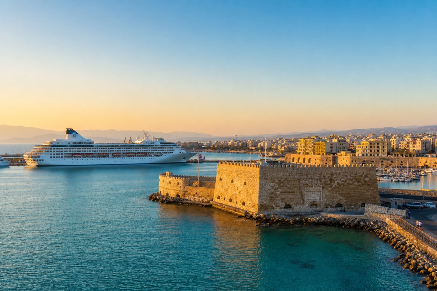 Heraklion harbour with the Venetian Koules fortress and cruise port, Crete