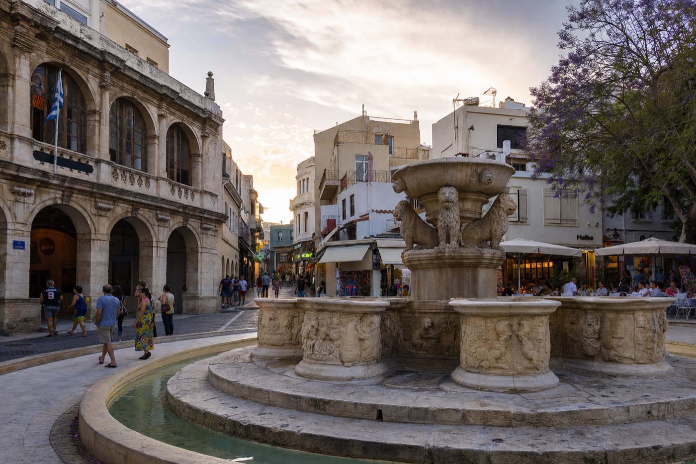 The Morosini Lion Fountain and Venetian old town streets of Heraklion, Crete