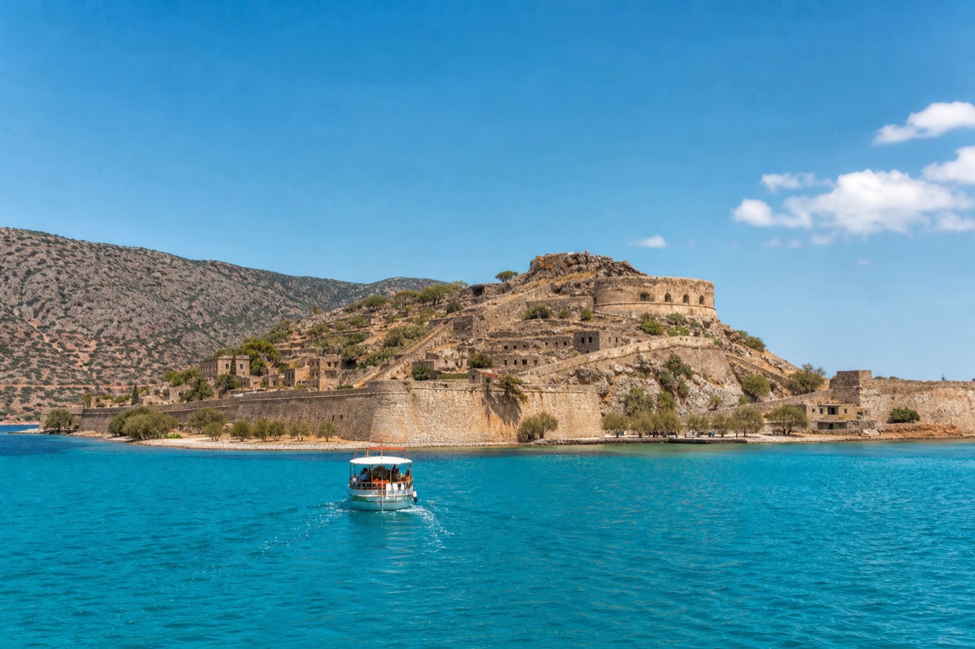 Spinalonga island fortress and the blue bay of Elounda, eastern Crete